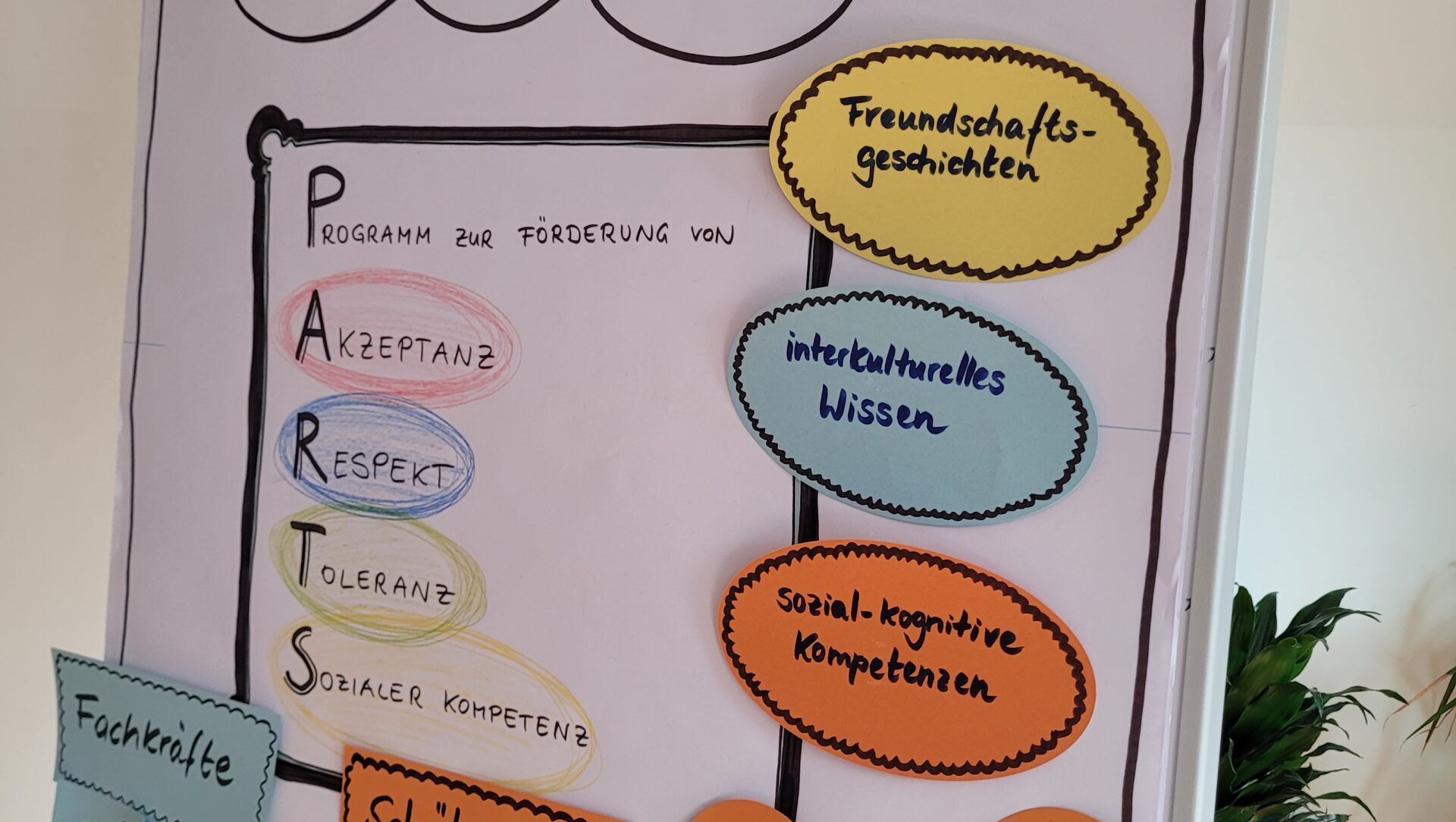 Handgezeichnete Übersicht „Programm zur Förderung von“ mit dem Akronym PARTS (Akzeptanz, Respekt, Toleranz, soziale Kompetenz) sowie ergänzenden Feldern für Freundschaftsgeschichten, interkulturelles Wissen und sozial-kognitive Kompetenzen.