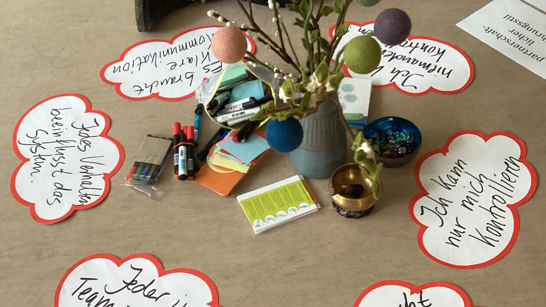 Wolkenförmige Karten mit handschriftlichen Leitsätzen zu Kommunikation und Verhalten, dazu Stifte, Klebezettel und Zweige in einer Vase