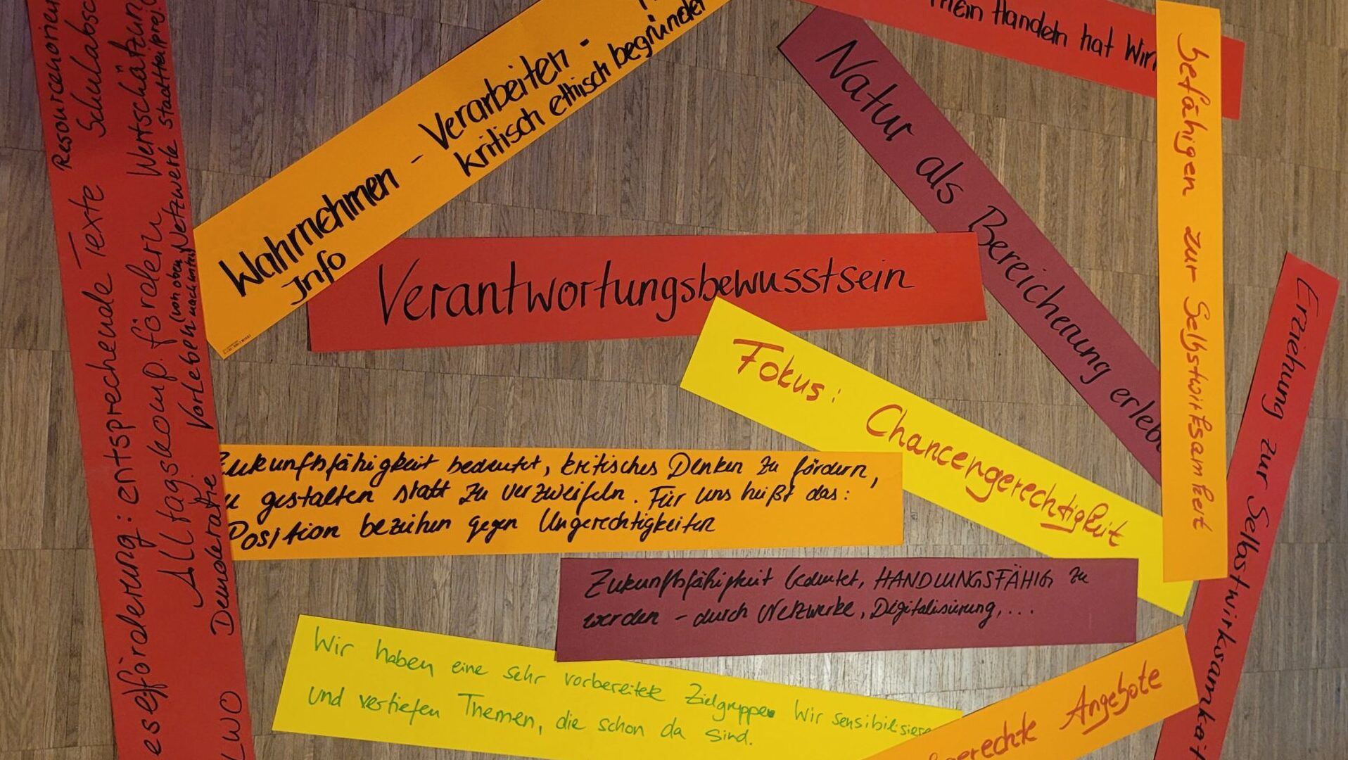 Bunte Papierstreifen mit handgeschriebenen Schlagworten wie Verantwortungsbewusstsein, Chancengerechtigkeit und Zukunftsfähigkeit – Ergebnis eines Workshops