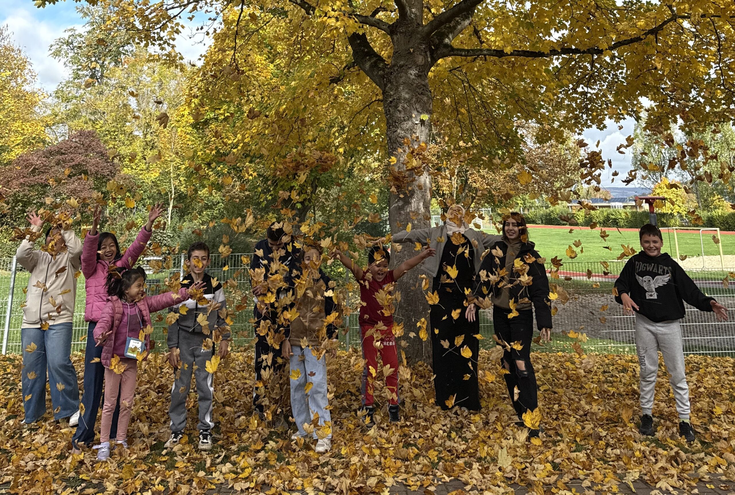 eine Gruppe von Kindern steht in herbstlicher Kulisse und wirft Blätter nach oben